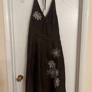 Loft Size 6 Brown Linen Halter Dress with Floral Embroidery